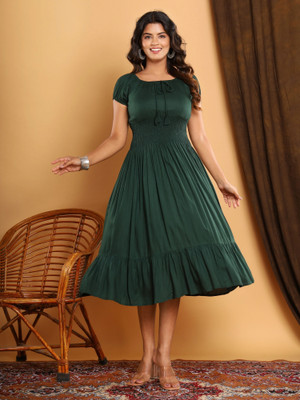 Diyakurtis Women A-line Green Knee Length Dress