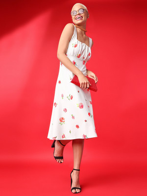 PURVAJA Women Fit and Flare White Below Knee Dress
