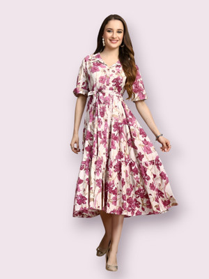 HouseOfCommon Women Fit and Flare White Below Knee Dress