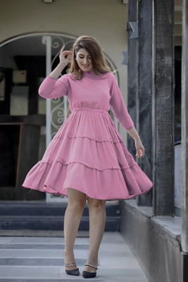 GPNTI Women Fit and Flare Pink Midi/Calf Length Dress