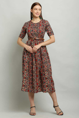 Shyammc Women Fit and Flare Multicolor Midi/Calf Length Dress