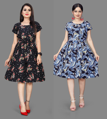 Madhave Women Fit and Flare Black Below Knee Dress