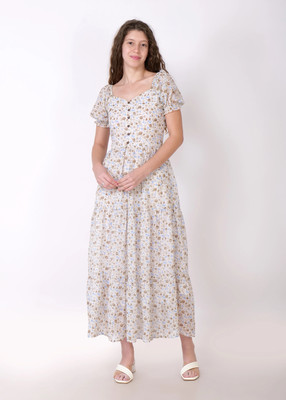 HIZA Women Fit and Flare Blue, White, Brown Midi/Calf Length Dress