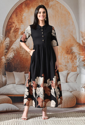 DECKEDUP Women Shirt Black Midi/Calf Length Dress