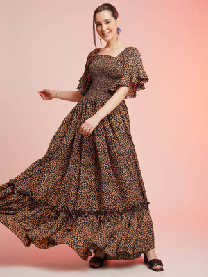 Sheetal Associates Women Fit and Flare Brown, Black Maxi/Full Length Dress