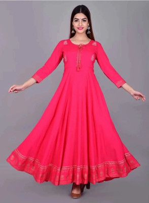 MANISUKMI FASHION Women Fit and Flare Pink, Gold Ankle Length Dress