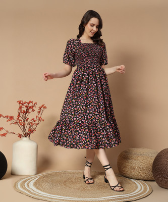 ZWERLON Women A-line Black Midi/Calf Length Dress