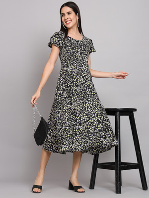 Maheshvi Women Fit and Flare Black, White, Yellow Midi/Calf Length Dress