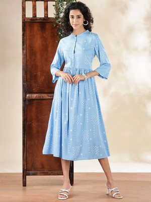 ANOUK Women Fit and Flare Blue Midi/Calf Length Dress