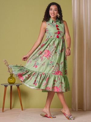 Globus Women A-line Green Midi/Calf Length Dress