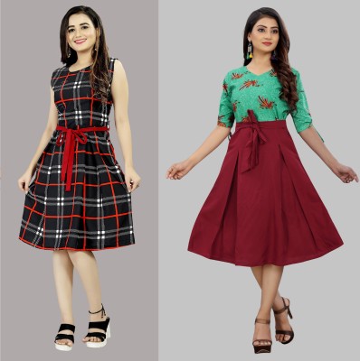 maruti fab Women Fit and Flare Maroon, Multicolor Dress