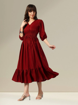 Krunal Raiyani Women Fit and Flare Maroon Midi/Calf Length Dress