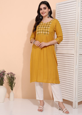 Tzelynn Women Embroidered Anarkali Kurta(Yellow)