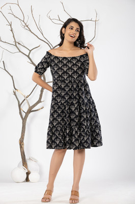 Jaipuri Bunaai Women A-line Black Knee Length Dress