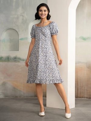 AASK Women Fit and Flare Light Blue Midi/Calf Length Dress