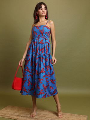 Vishudh Women Ethnic Dress Red, Blue Midi/Calf Length Dress