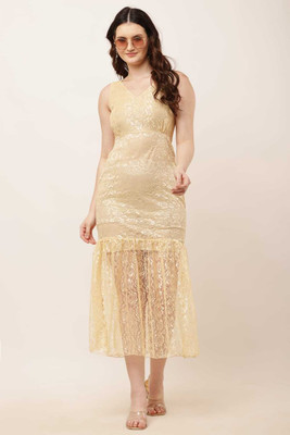 Stylespot Women Fit and Flare Gold Midi/Calf Length Dress