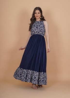 INDIANIC Women Fit and Flare Blue Dress