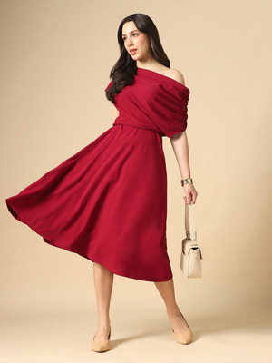 Globus Women Fit and Flare Maroon Midi/Calf Length Dress