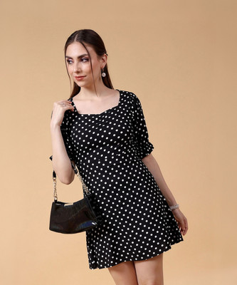 The Indian Garage Co. -Freehand Women Fit and Flare Black, White Above Knee/Mid Thigh Length Dress