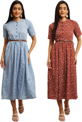 HEAVENS CREATIONS Women Fit and Flare Blue, Brown Midi/Calf Length Dress