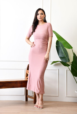 ZEUGEN Women Bodycon Pink Midi/Calf Length Dress