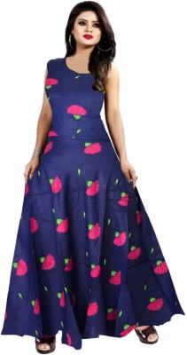 Khushi Print Women Fit and Flare Dark Blue, Pink, Green Dress