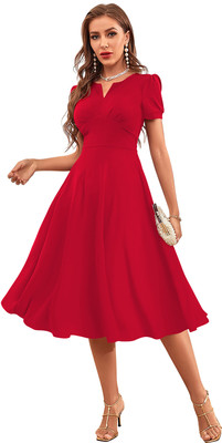TESSAVEGAS Women Fit and Flare Red Below Knee Dress