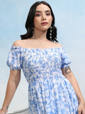 Tokyo Talkies Women Fit and Flare Blue Knee Length Dress
