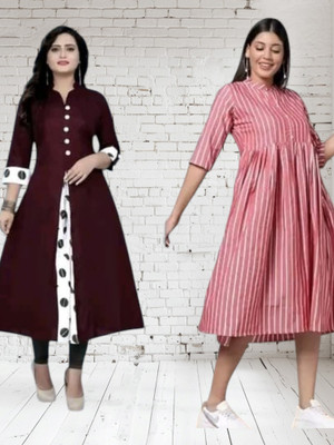 Texpamz Women Striped A-line Kurta(Red, Pink)