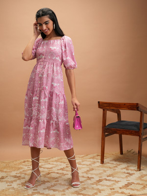 Vishudh Women Tiered Multicolor Midi/Calf Length Dress