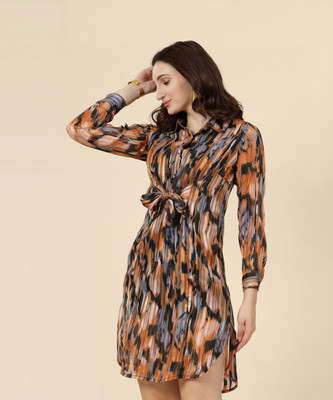 PLUSS Women A-line Orange, Black Knee Length Dress