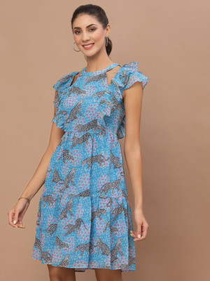 KASSUALLY Women Fit and Flare Blue Above Knee/Mid Thigh Length Dress