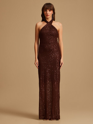 KAZO Women Fit and Flare Brown Maxi/Full Length Dress