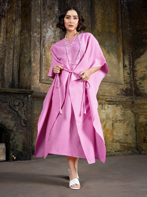 PURVAJA Women Fit and Flare Pink Midi/Calf Length Dress