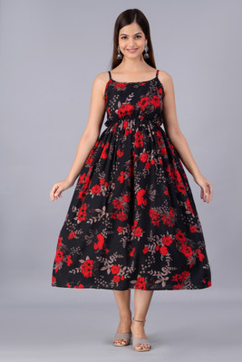 Bhawanaprint Women A-line Black Midi/Calf Length Dress