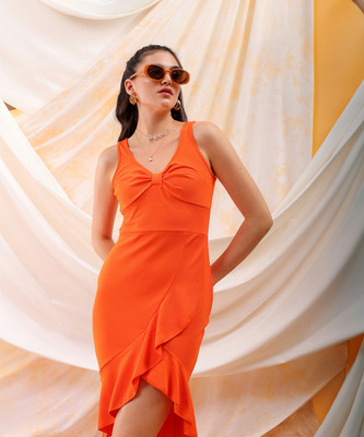 The Indian Garage Co. -Freehand Women Ruffled Orange Midi/Calf Length Dress