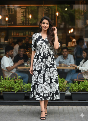 ROSEMELON Women Empire Waist Black, White Midi/Calf Length Dress