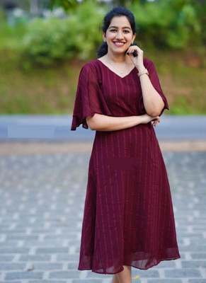FOXDX Women Fit and Flare Maroon Midi/Calf Length Dress