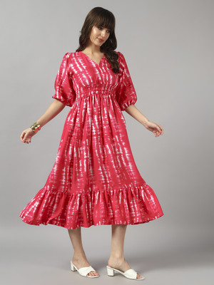 Jash Creation Women Fit and Flare Pink Midi/Calf Length Dress