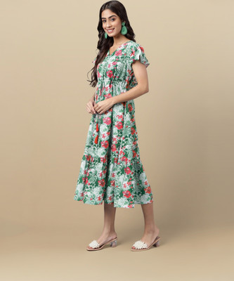 Janasya Women A-line Red, White, Dark Green Midi/Calf Length Dress