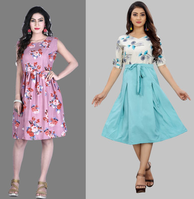 Modli 20 Fashion Women Fit and Flare Multicolor Below Knee Dress