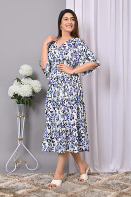 VYMO Women Fit and Flare Multicolor, Blue Below Knee Dress