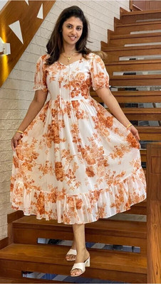 Nautiful Women Fit and Flare Orange Midi/Calf Length Dress