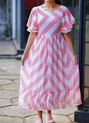 Fashion2wear Women Fit and Flare Pink, White Midi/Calf Length Dress