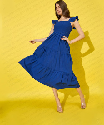 BuyNewTrend Women Ruffled Blue Maxi/Full Length Dress