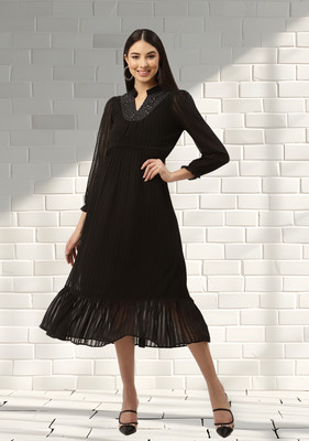 Moda Rapido Women Fit and Flare Black Midi/Calf Length Dress