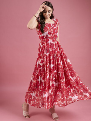 Deewa Women Fit and Flare Red Maxi/Full Length Dress