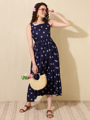 GLAMALUE Women A-line Blue Maxi/Full Length Dress