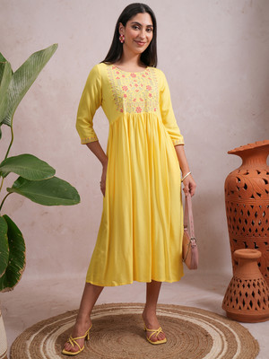 Vishudh Women A-line Yellow, Red, Grey Midi/Calf Length Dress